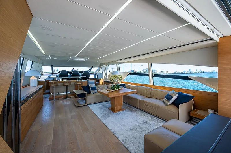 Scissortail II Yacht Photos Pics Luxurious interior of 2013 Pershing 92 Express yacht with modern design and ocean view.