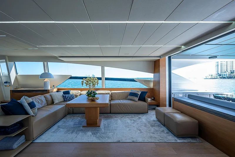 Scissortail II Yacht Photos Pics Luxurious interior of 2013 Pershing 92 Express yacht with ocean view.