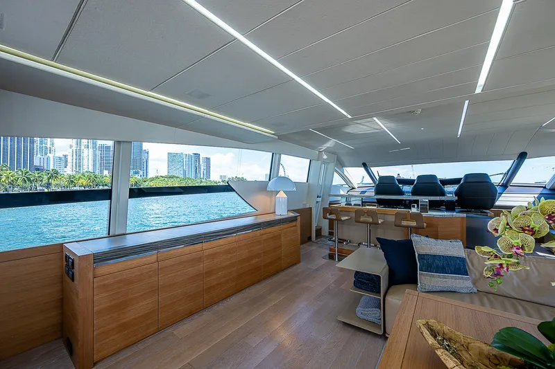 Scissortail II Yacht Photos Pics Luxurious interior of 2013 Pershing 92 Express yacht with modern design and waterfront view.