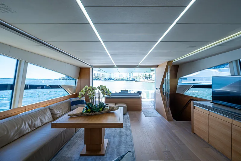 Scissortail II Yacht Photos Pics Luxurious interior of 2013 Pershing 92 Express yacht with modern design and sea view.