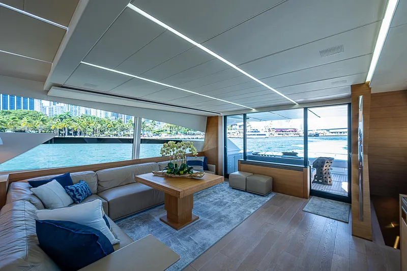 Scissortail II Yacht Photos Pics Luxurious interior of 2013 Pershing 92 Express yacht with waterfront view.