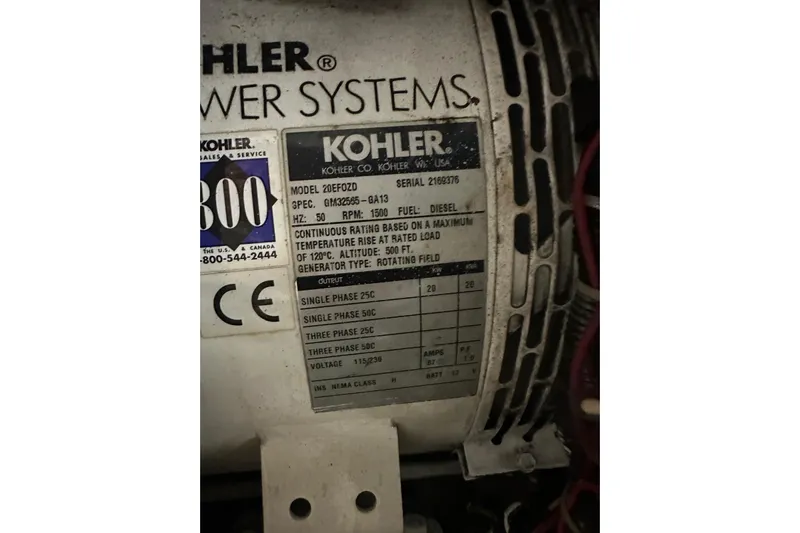 Romeo & Juliet Yacht Photos Pics Kohler power system label on Azimut 86S yacht, model 20EFOZD, diesel generator specifications.