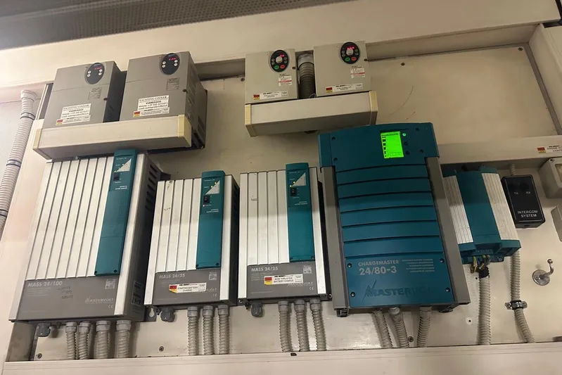 Romeo & Juliet Yacht Photos Pics Electrical control panel on a 2009 Azimut 86S yacht, featuring Mastervolt components.