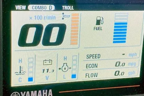  Yacht Photos Pics Yamaha display panel on 2018 Ranger Tugs R-27 showing fuel, speed, and engine metrics.