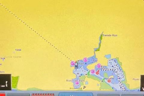  Yacht Photos Pics Nautical chart display on 2018 Ranger Tugs R-27, showing Swede Run and surrounding waterways.