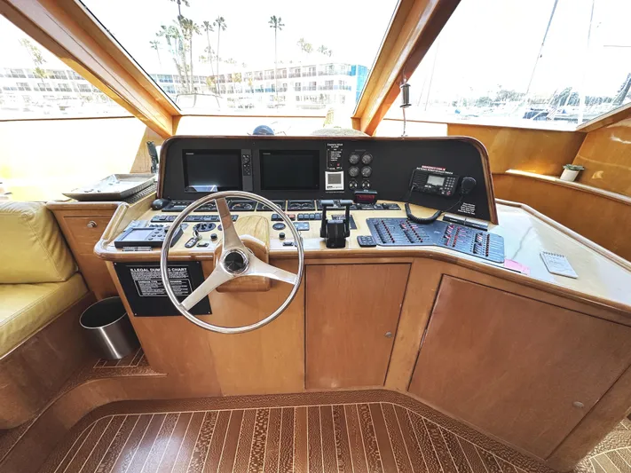 Patrona Yacht Photos Pics Helm of 2000 Mikelson 61 Sportfisher with steering wheel and navigation controls.