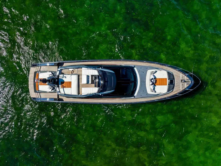 Arcadia Yacht Photos Pics Aerial view of 2020 Riva 66' Ribelle yacht on vibrant green water.