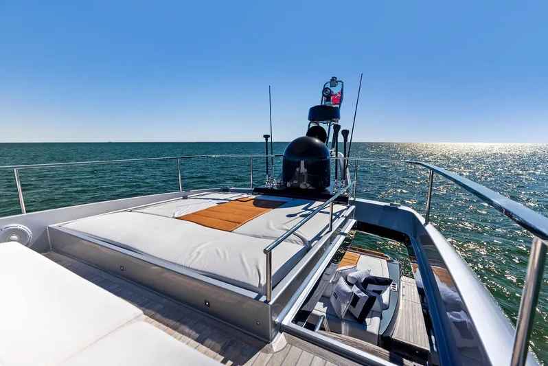 Arcadia Yacht Photos Pics Luxurious 2020 Riva 66' Ribelle yacht deck with sunbathing area, ocean view.