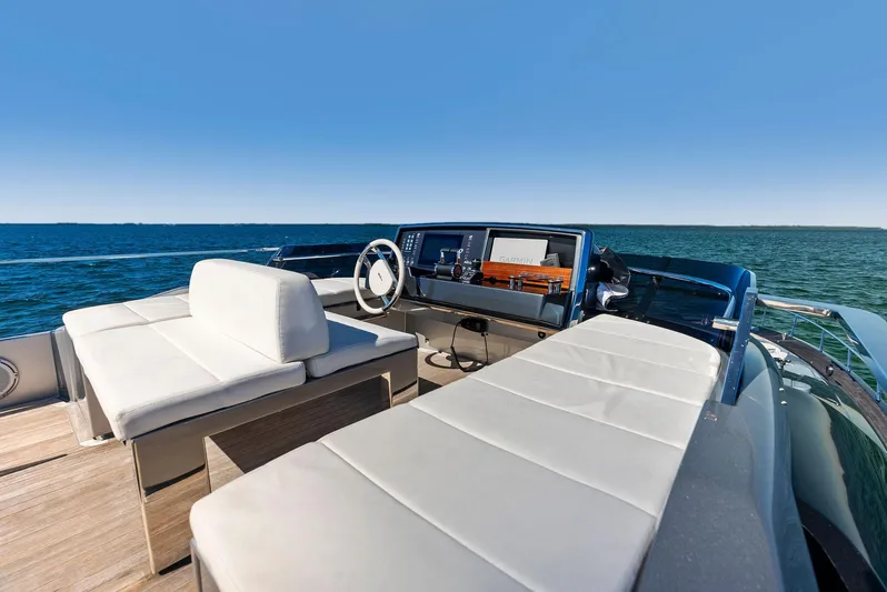 Arcadia Yacht Photos Pics Luxurious 2020 Riva 66' Ribelle yacht interior with sleek white seating and modern dashboard.
