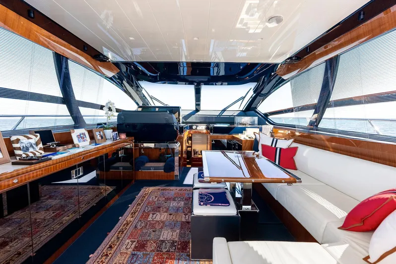 Arcadia Yacht Photos Pics Luxurious interior of 2020 Riva 66' Ribelle yacht with elegant seating and decor.