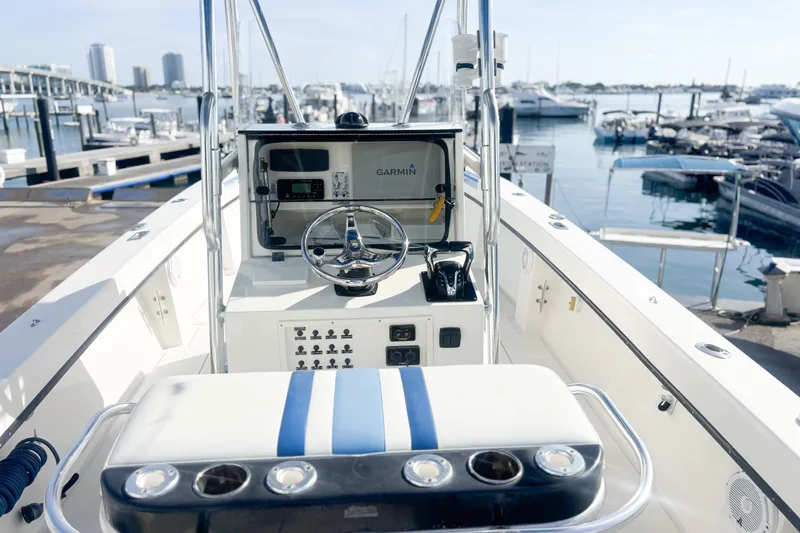  Yacht Photos Pics Whitewater boat console with Garmin system, docked at marina, 2016 model.