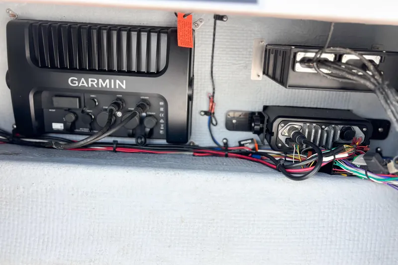  Yacht Photos Pics Garmin marine electronics setup in a 2016 Whitewater boat, featuring wiring and connectors.