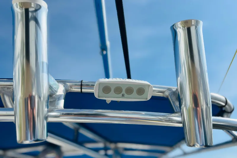  Yacht Photos Pics Stainless steel boat frame with mounted light, under clear blue sky, Whitewater 2016.
