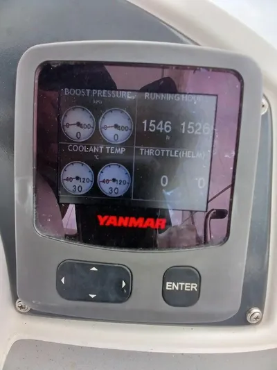 High Life Yacht Photos Pics Yanmar engine display on 2020 Leopard 43 Powercat showing boost pressure and coolant temperature.
