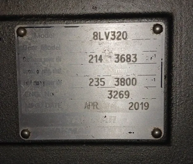 High Life Yacht Photos Pics Metal identification plate on Leopard 43 Powercat, model 8LV320, dated April 2019.