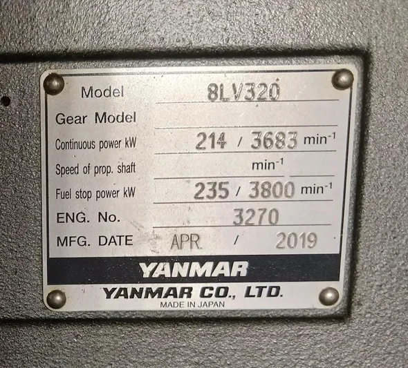 High Life Yacht Photos Pics Yanmar engine plate on Leopard 43 Powercat, model 8LV320, manufactured April 2019.