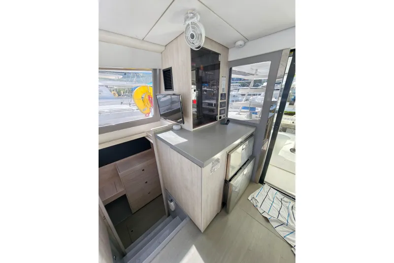 High Life Yacht Photos Pics Interior of 2020 Leopard 43 Powercat, featuring modern cabinetry and appliances.