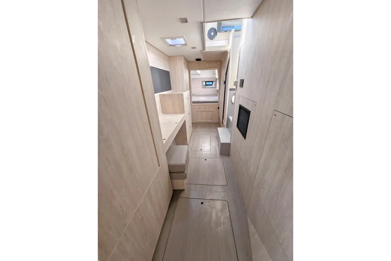 High Life Yacht Photos Pics 2020 Leopard 43 Powercat interior with modern, light wood finish and sleek design.