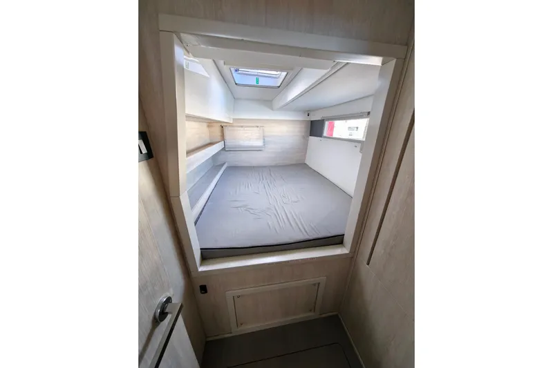 High Life Yacht Photos Pics Interior cabin of 2020 Leopard 43 Powercat with skylight and modern design.