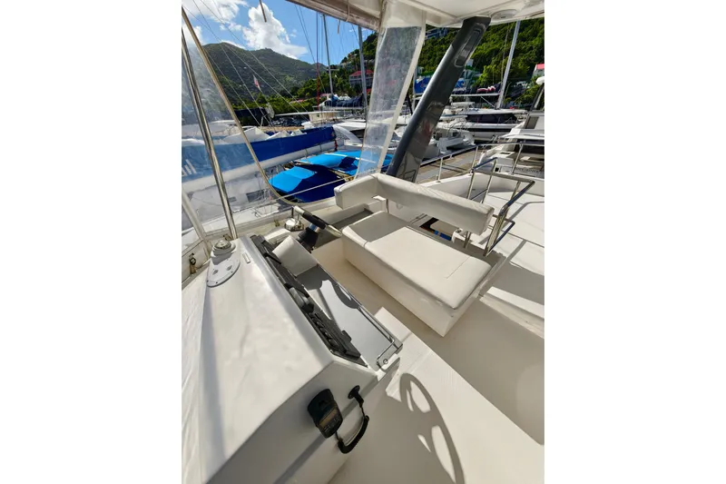 High Life Yacht Photos Pics Helm station of 2020 Leopard 43 Powercat with scenic marina view.