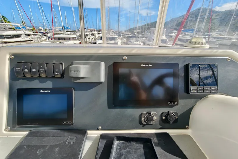 High Life Yacht Photos Pics Control panel of 2020 Leopard 43 Powercat with Raymarine displays and switches.