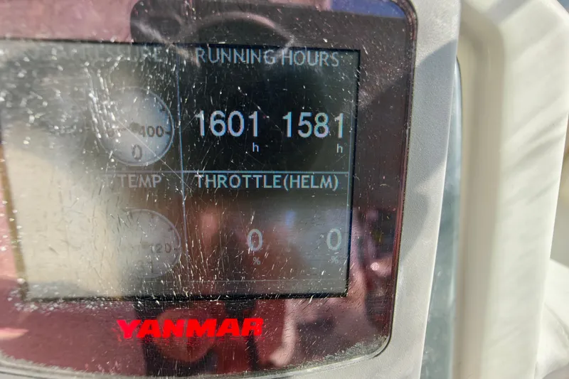 High Life Yacht Photos Pics Yanmar engine display on 2020 Leopard 43 Powercat showing running hours and throttle status.