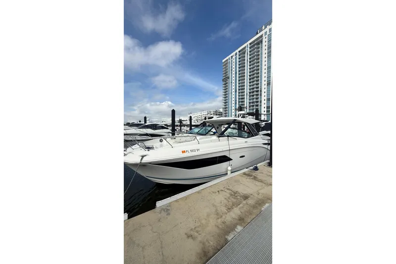 Mercy Yacht Photos Pics 2021 Sea Ray Sundancer 320 docked at marina with skyscrapers in background.