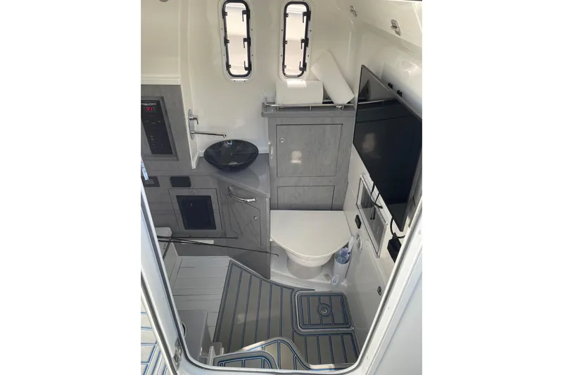  Yacht Photos Pics Interior of 2019 HCB 42 Siesta boat featuring modern bathroom amenities.