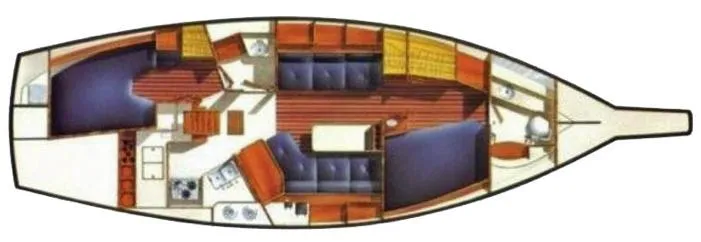 Moonsplash Yacht Photos Pics Floor plan of a 1987 Island Packet 38 sailboat, showcasing interior layout and design.