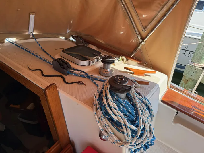 Moonsplash Yacht Photos Pics 1987 Island Packet 38 sailboat cockpit with ropes, winches, and a small snake on deck.