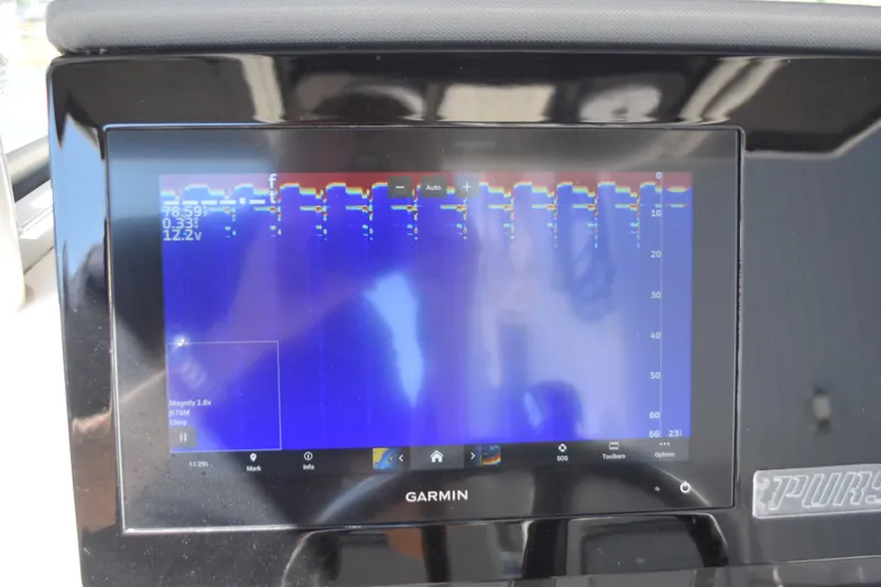  Yacht Photos Pics Garmin marine display on 2022 Pursuit S 268 Sport boat, showing sonar data.