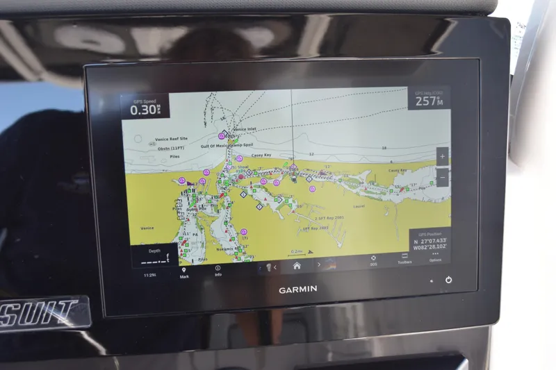  Yacht Photos Pics Garmin navigation display on 2022 Pursuit S 268 Sport boat, showing Gulf of Mexico map.