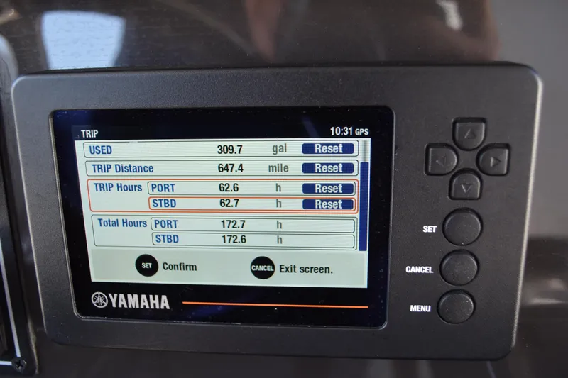  Yacht Photos Pics Yamaha display showing trip data on 2022 Pursuit S 268 Sport boat.