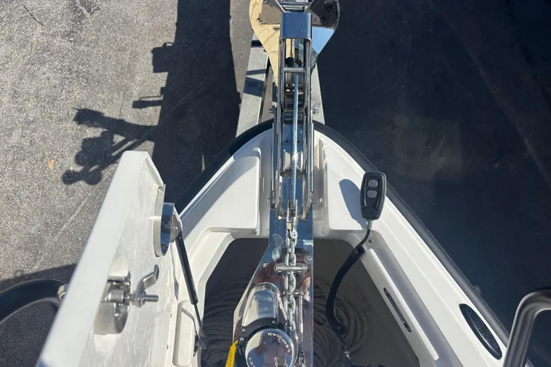  Yacht Photos Pics Bow view of 2026 Navan C30 boat with anchor and control panel.