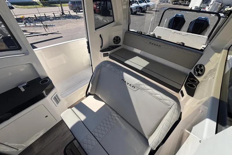  Yacht Photos Pics Interior of 2026 Navan C30 boat with modern seating and cup holders.