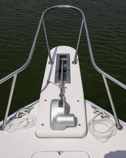 Sur Reel Yacht Photos Pics Bow of 2003 Grady-White Express 330 boat with anchor and ropes.