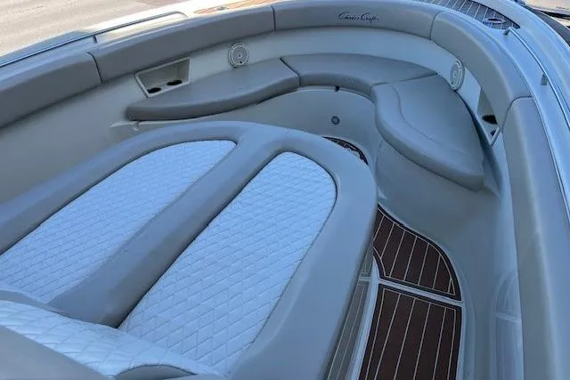  Yacht Photos Pics 2018 Chris-Craft Catalina 30 boat interior with luxurious seating and wood accents.