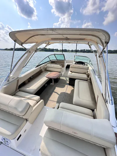  Yacht Photos Pics 2019 Regal 29 OBX boat with spacious seating and canopy on a sunny day.