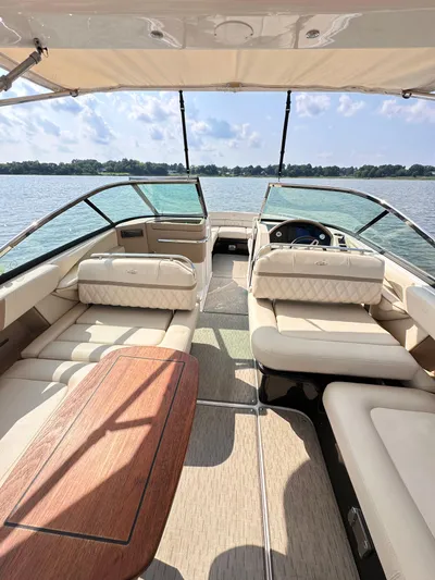  Yacht Photos Pics 2019 Regal 29 OBX boat interior with luxurious seating and scenic lake view.