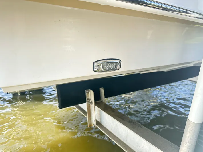  Yacht Photos Pics 2019 Regal 29 OBX boat hull with underwater light, docked above water.