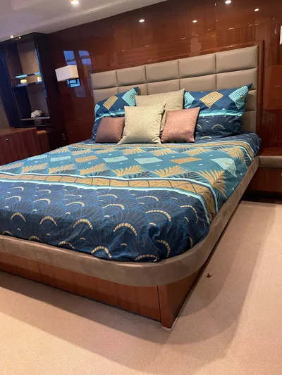  Yacht Photos Pics Luxurious bedroom interior on 2012 Princess 64 FLY yacht with elegant bedding.