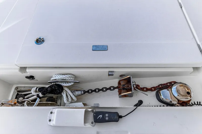  Yacht Photos Pics Anchor and chain mechanism on 2017 Leopard 43 Powercat yacht deck.