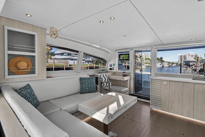  Yacht Photos Pics Luxurious interior of 2017 Leopard 43 Powercat yacht with waterfront view.