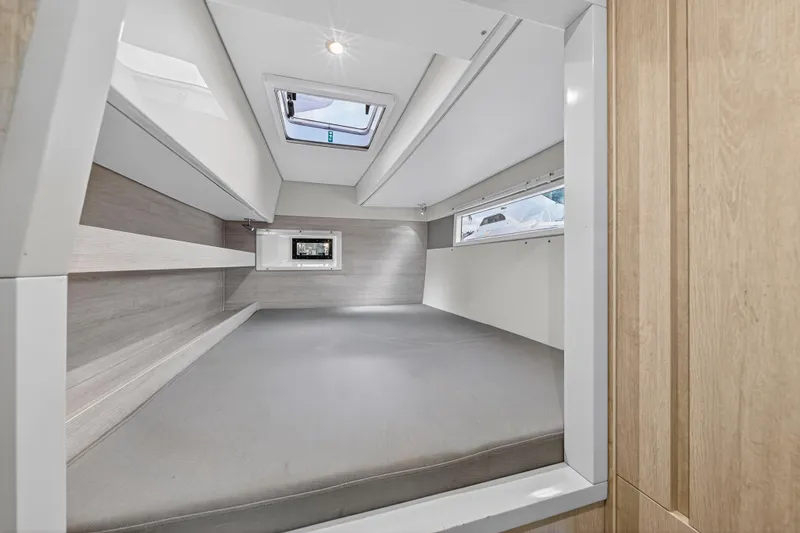  Yacht Photos Pics Interior cabin of 2017 Leopard 43 Powercat with skylight and modern design.