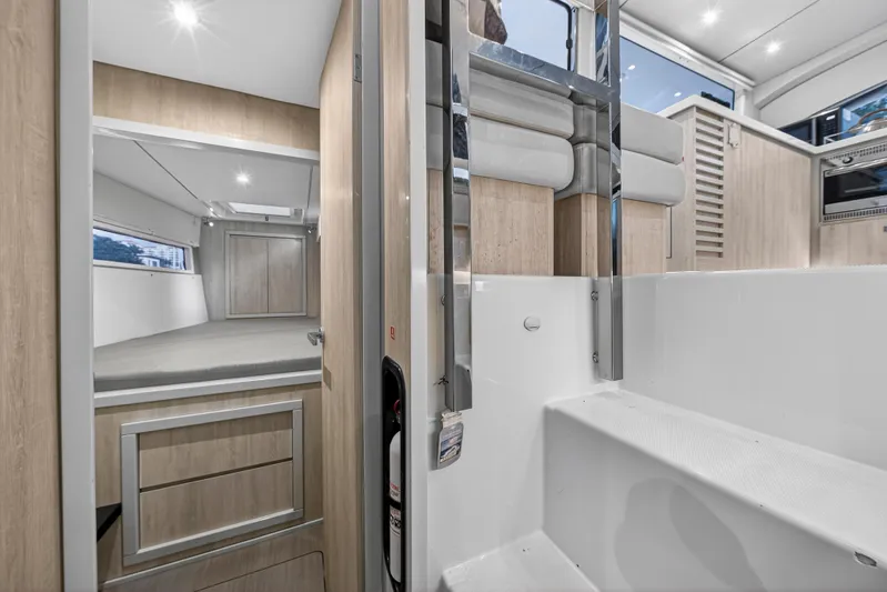  Yacht Photos Pics Interior of 2017 Leopard 43 Powercat, featuring modern design and spacious cabin layout.