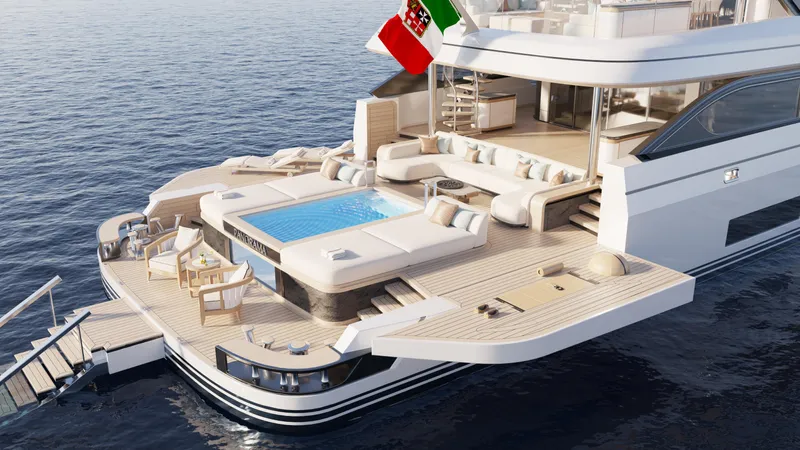  Yacht Photos Pics Luxury Admiral Panorama 50 yacht 2026 with pool and lounging area on the open sea.