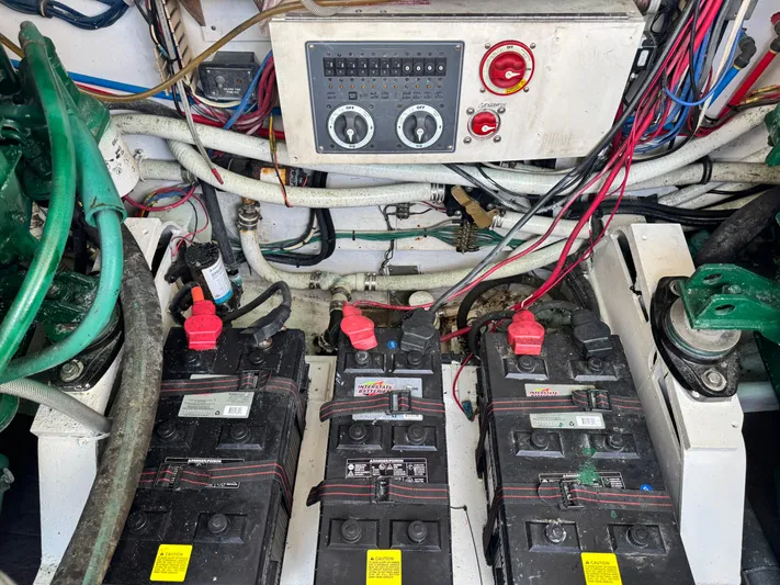 Island Time Yacht Photos Pics Engine room of a 1997 Bertram 36 Moppie with batteries and wiring.