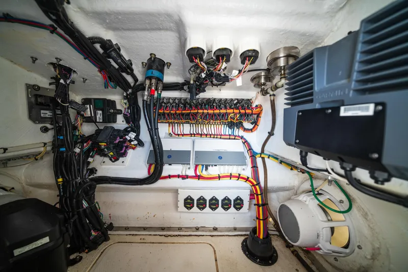 Carried Away Yacht Photos Pics Electrical wiring and components inside a 2016 Invincible 36 Open Fisherman boat.