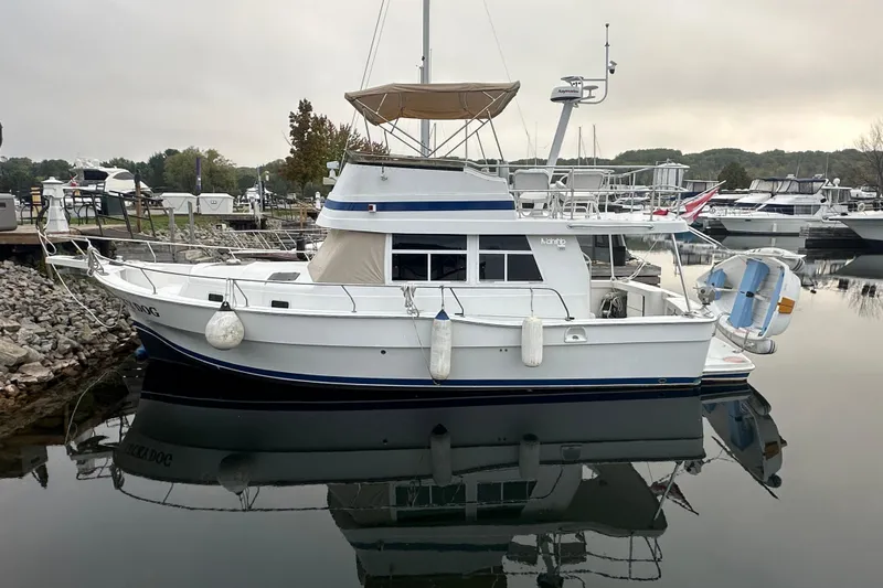 Lucky Dog Yacht Photos Pics 2002 Mainship 390 Trawler docked in a marina, surrounded by calm water and other boats.
