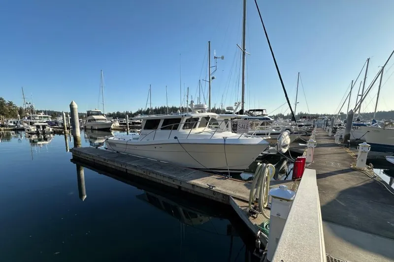 Yacht Photos Pics 2010 Ocean Sport Roamer docked at a marina, surrounded by other boats under a clear sky.